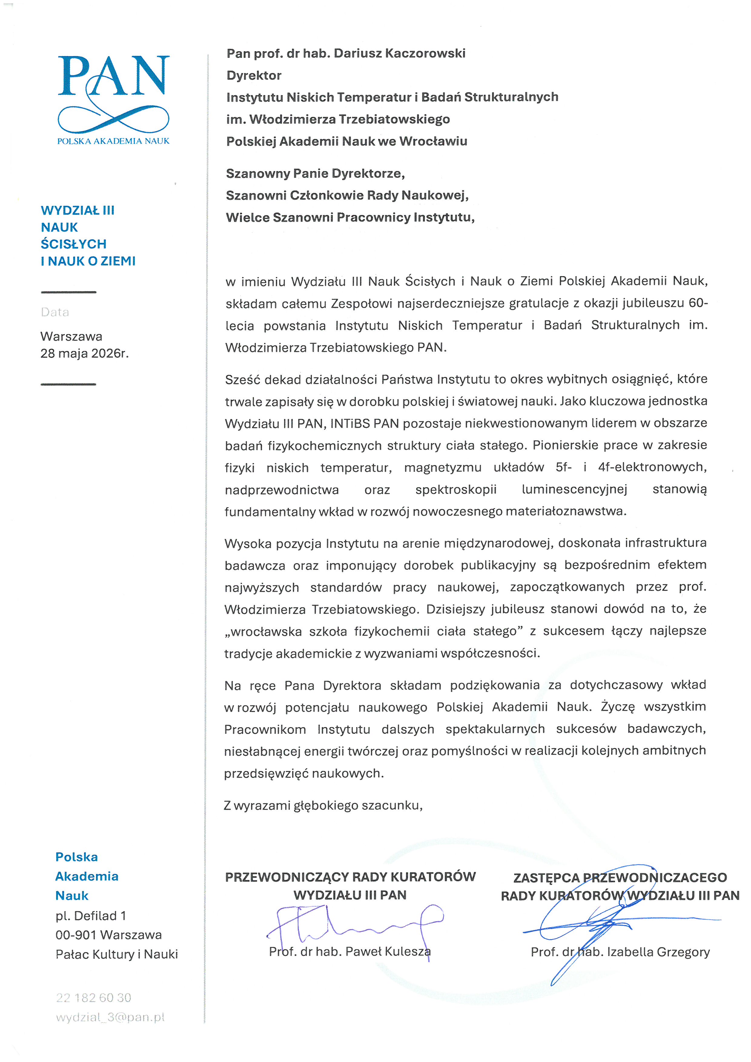 prof. dr hab. Paweł Kulesza i prof. dr hab. Izabella Grzegory — list gratulacyjny